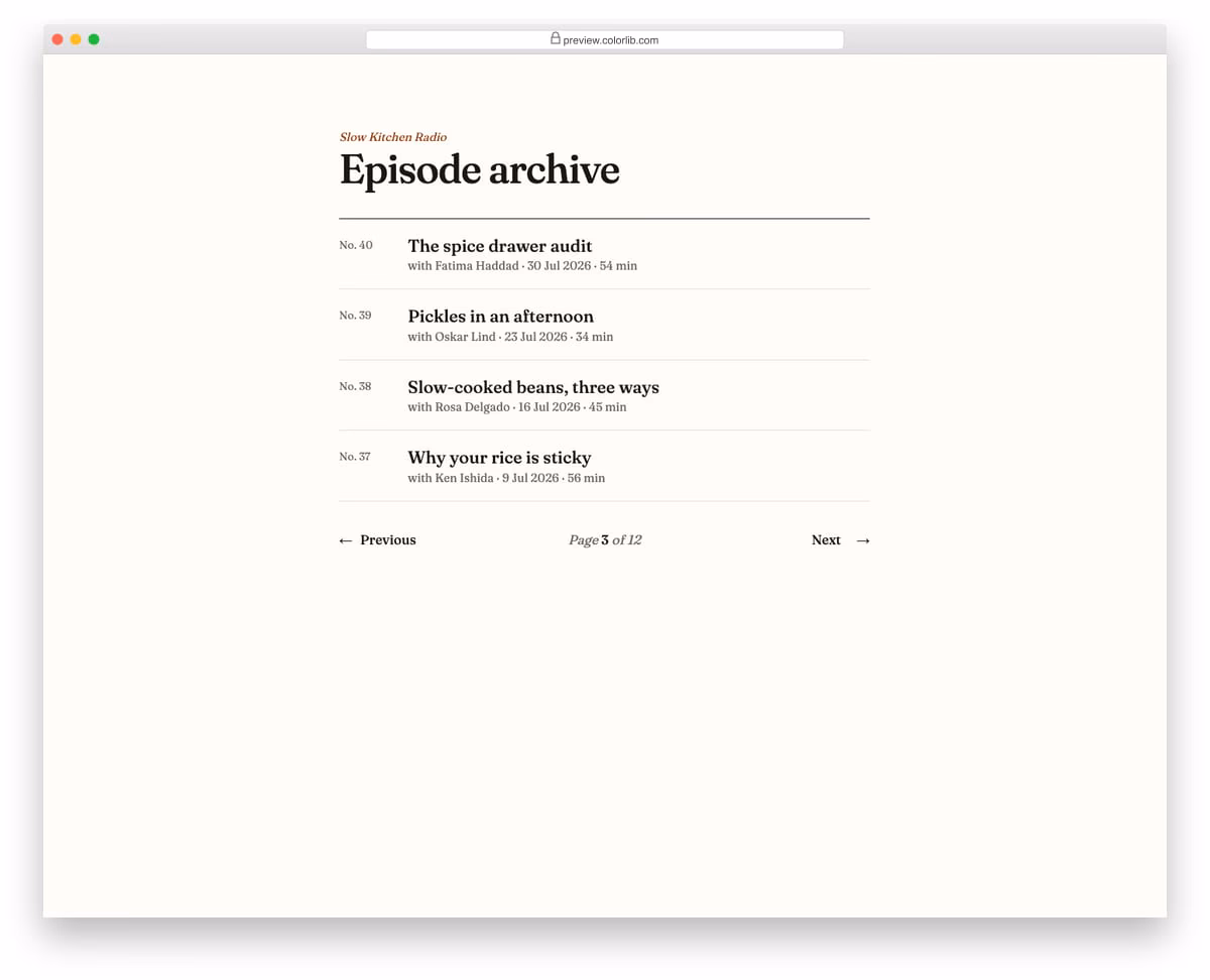 Pagination V03: minimal text pagination: previous, page 3 of 12, next