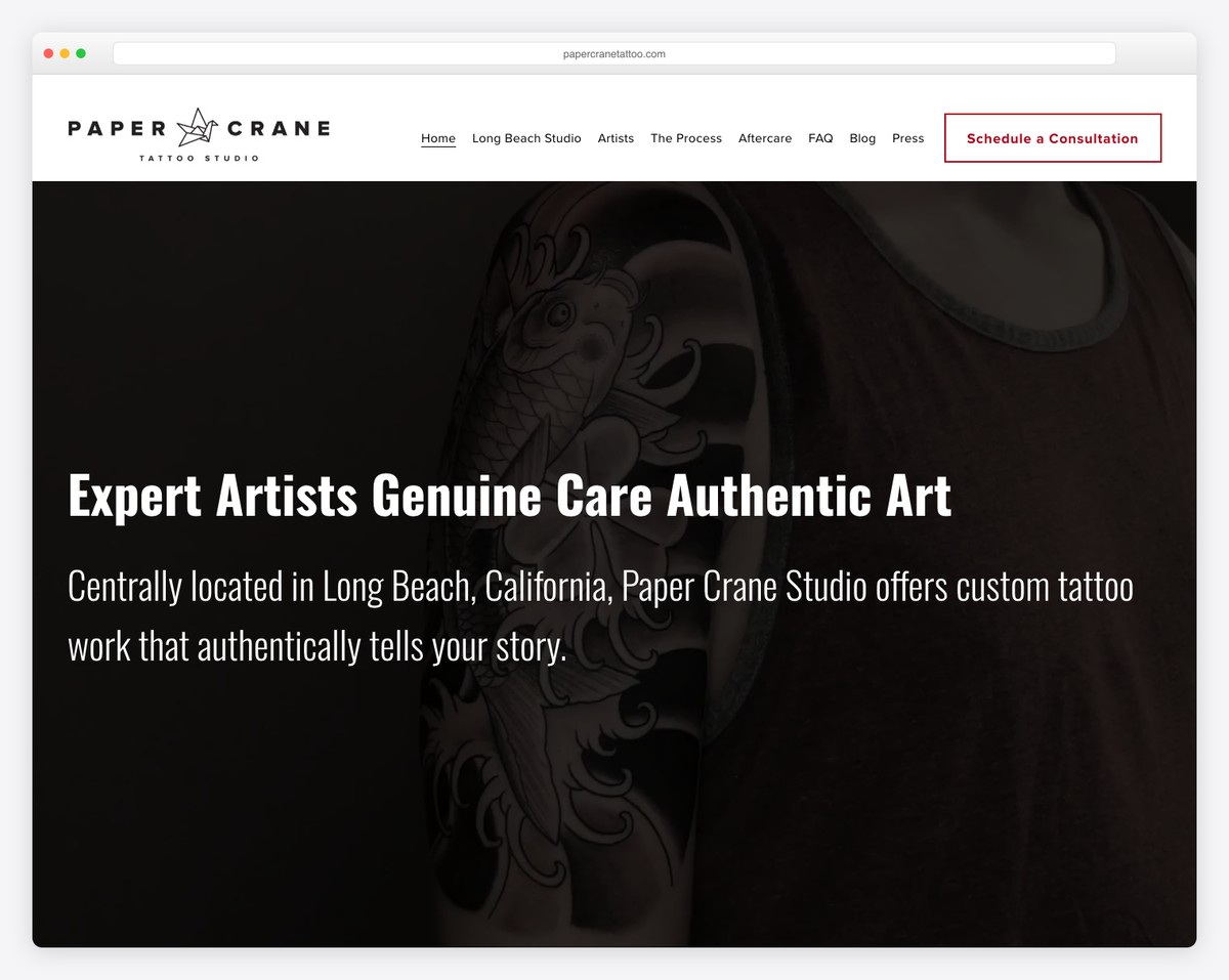 paper crane tattoo studio website example