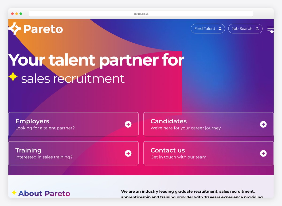 Pareto recruitment website homepage