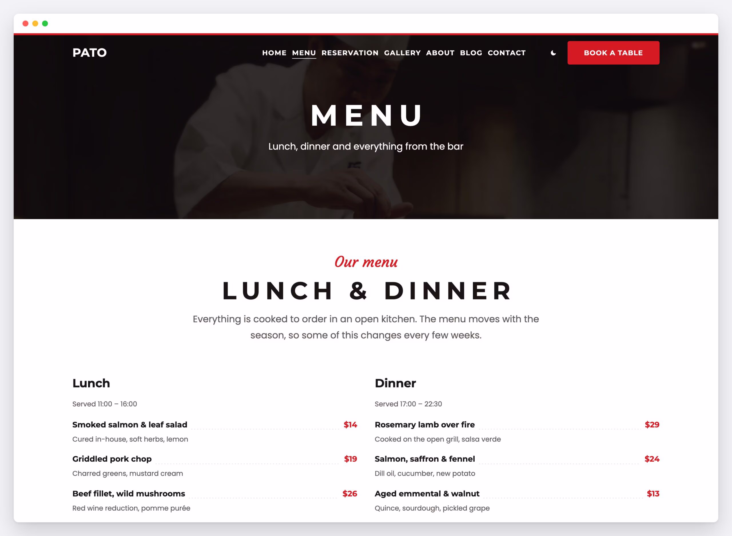 The Pato menu page with prices