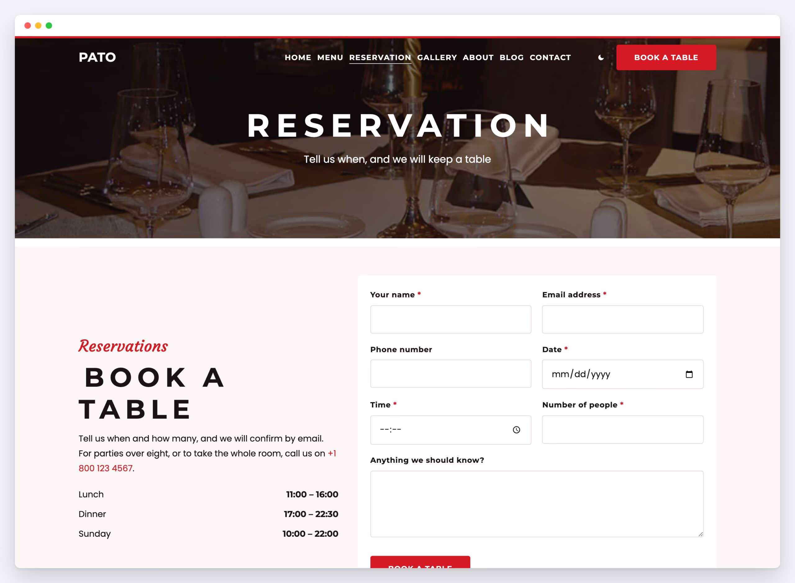 The Pato reservation form