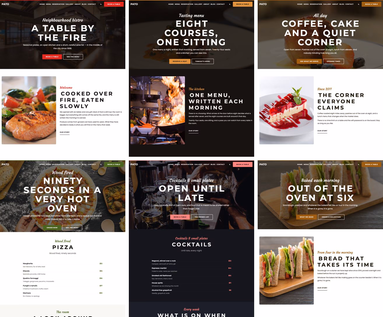 Six Pato starter sites: bistro, fine dining, cafe, pizzeria, bar and bakery, each with different photographs, menus and colours