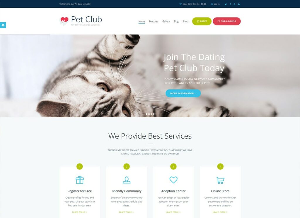 Pet Club | Services, Adoption, Dating & Community WordPress Theme