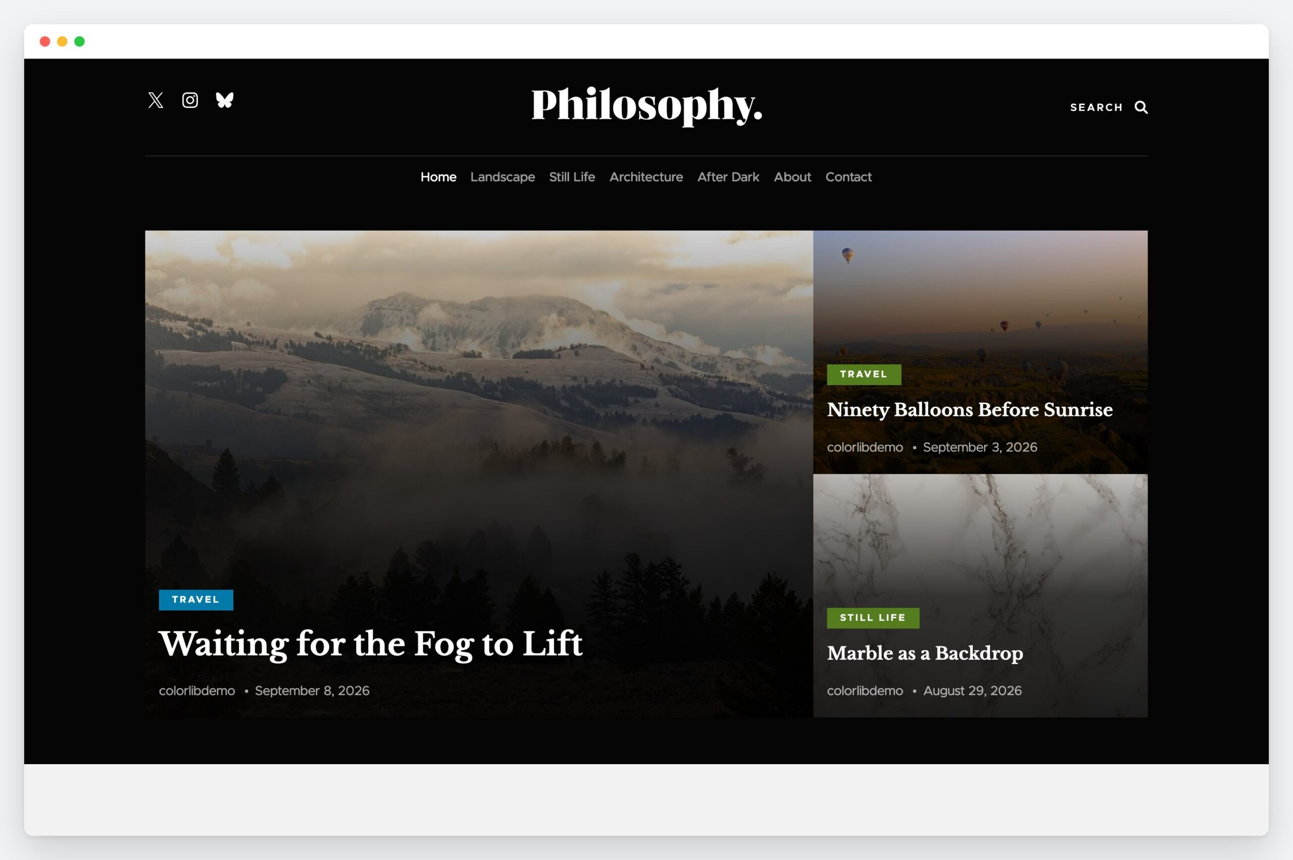Philosophy Blocks home page with the featured area and masonry grid