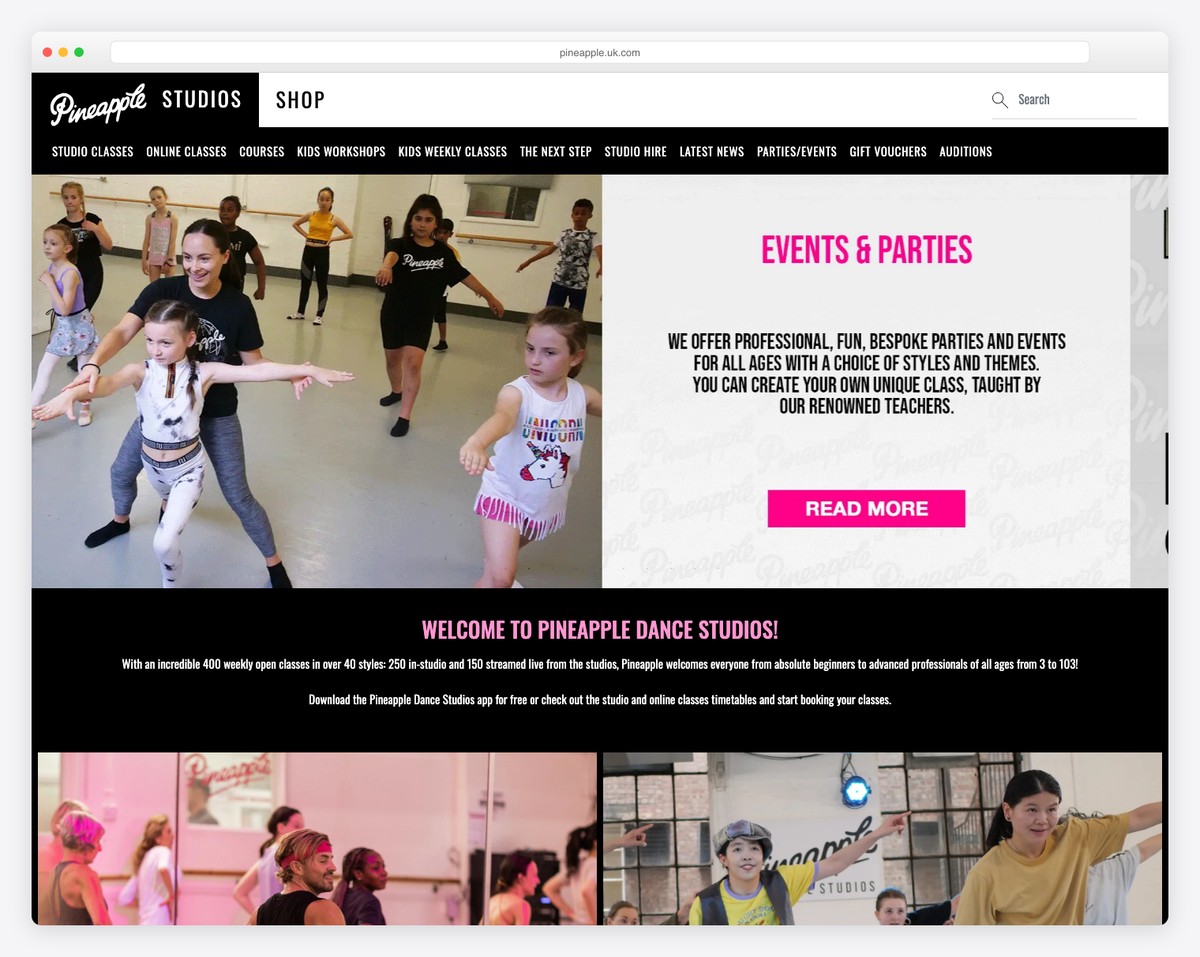 pineapple dance studios website example