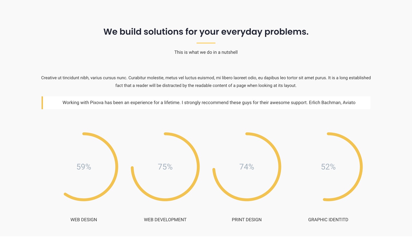 Pixova Lite services section with animated skill circles