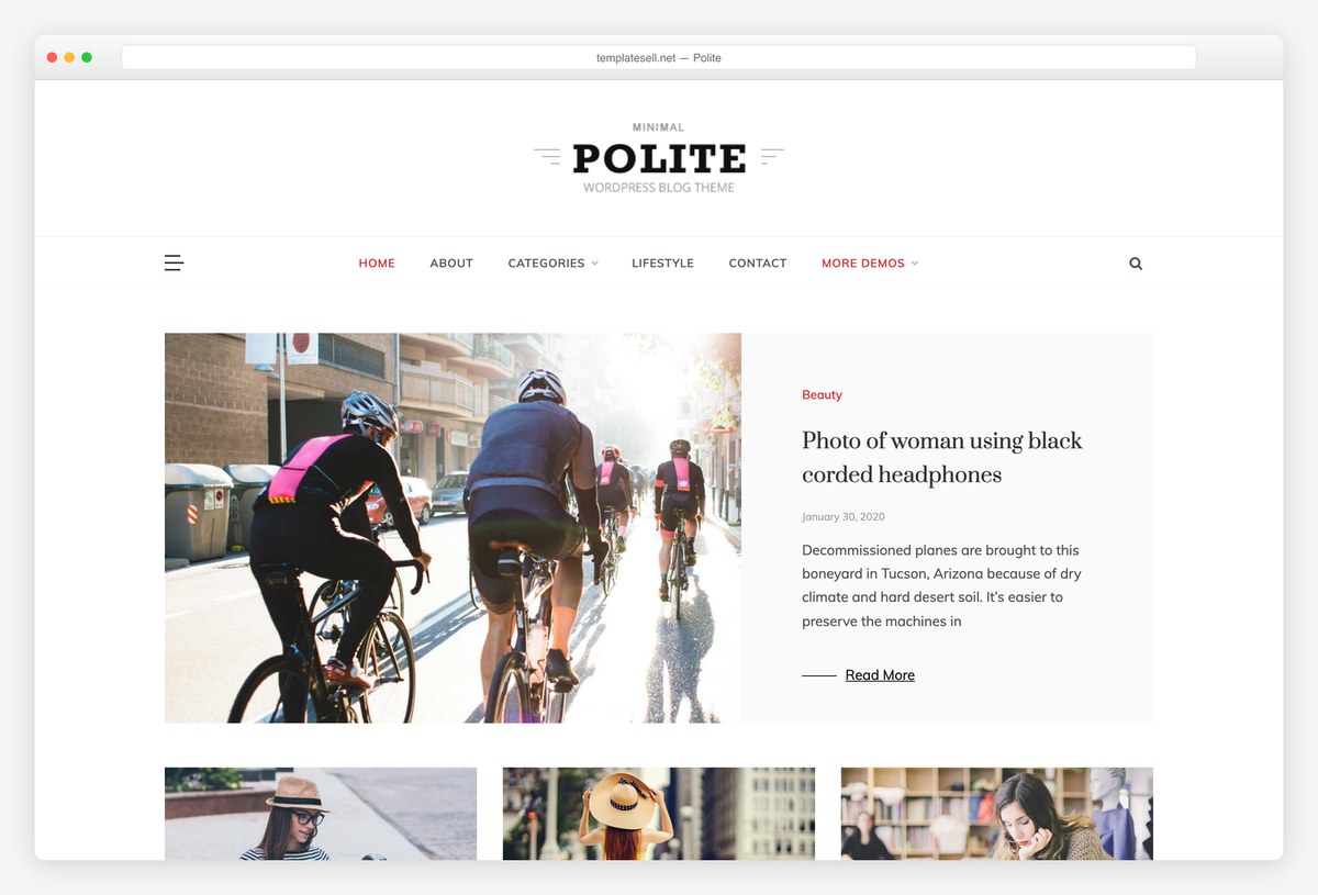 Polite free WordPress theme with a masonry photo blog layout