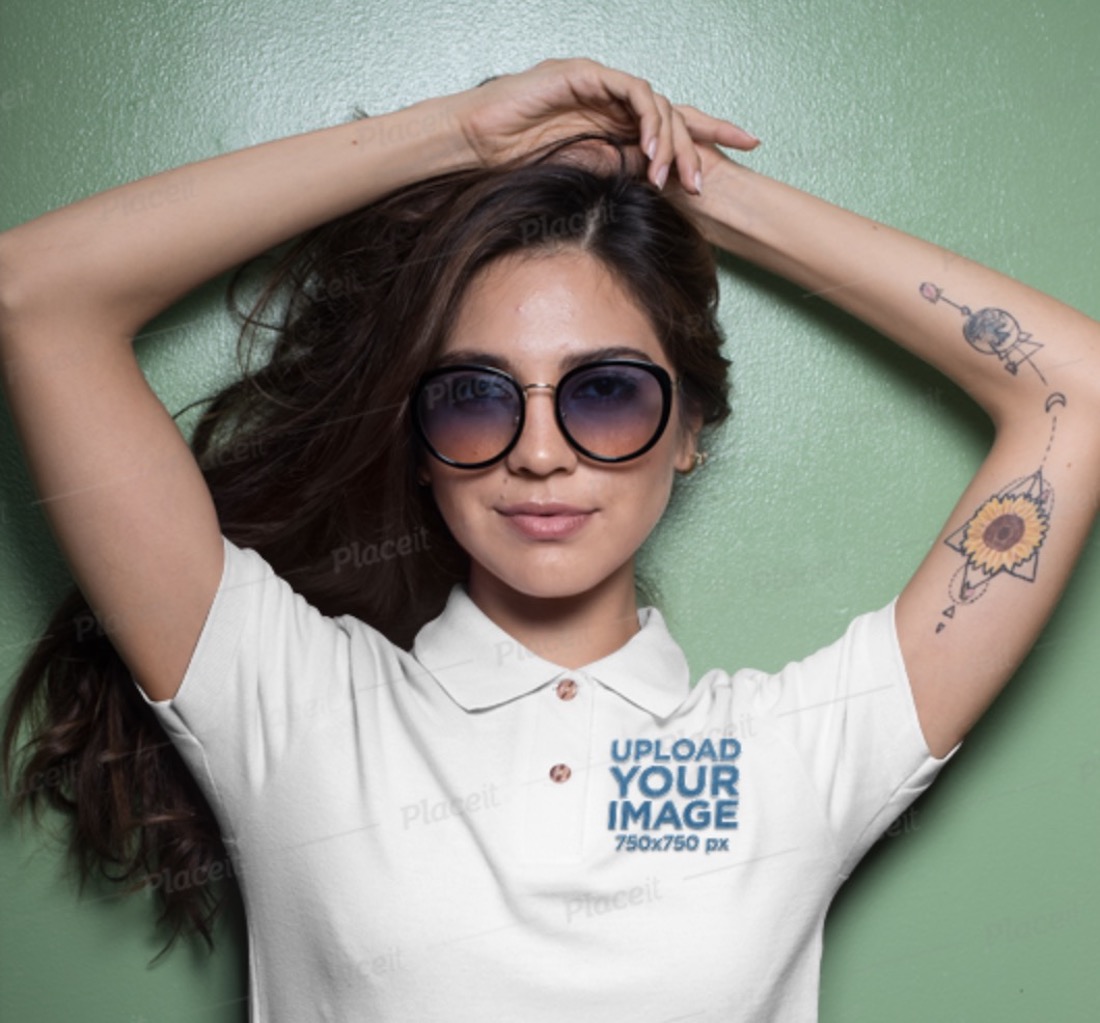 polo shirt mockup of a woman with sunglasses