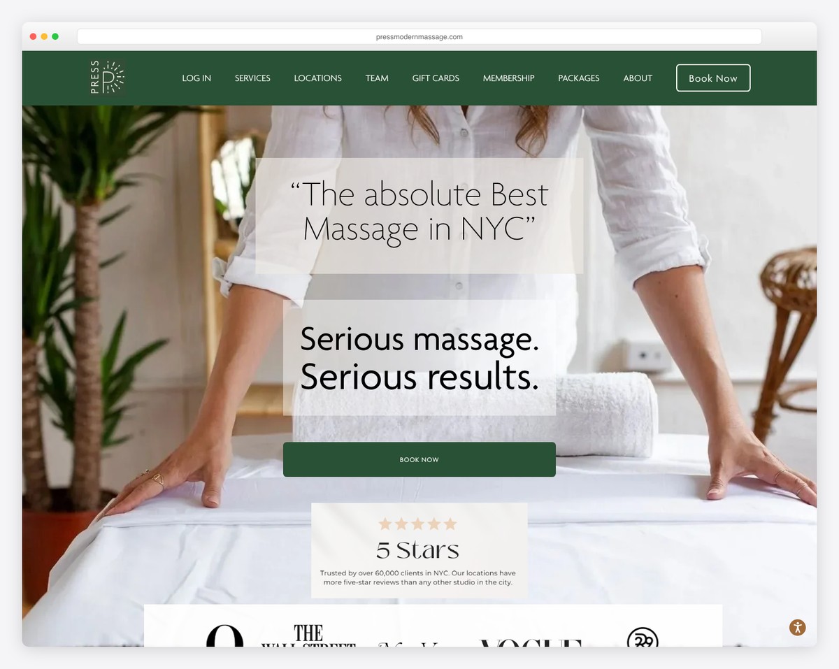 press modern massage website example