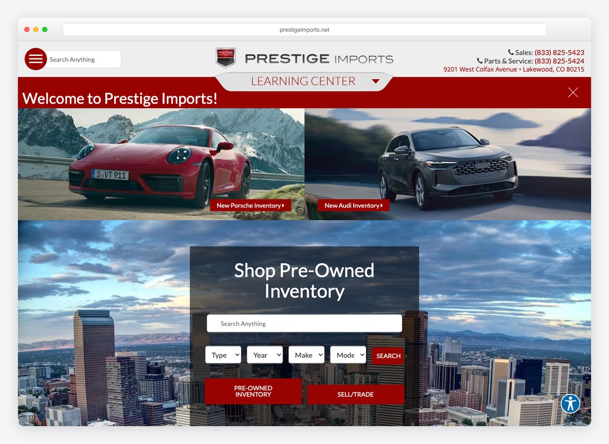 Prestige Imports car dealer website homepage
