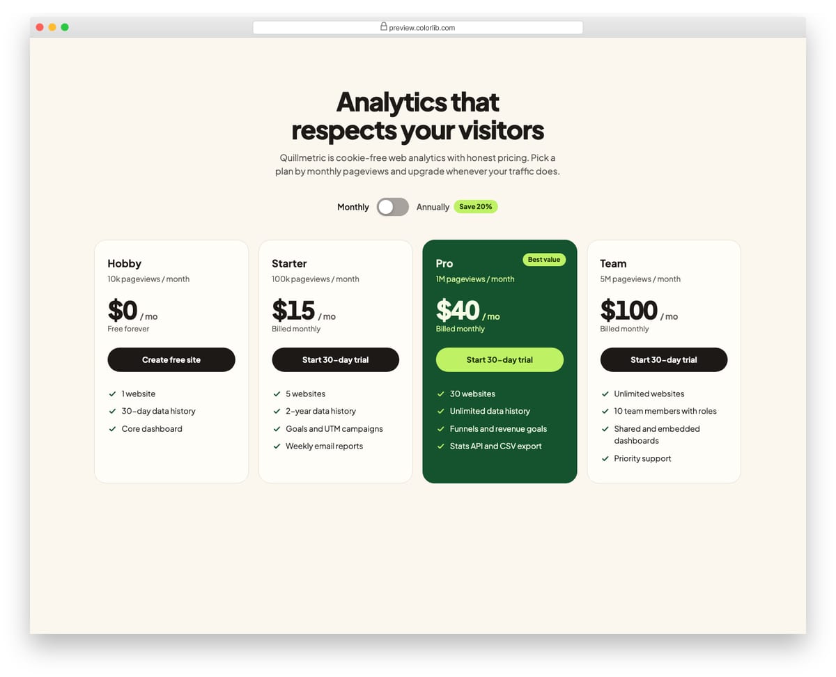 Pricing Table V02: four-tier pricing with an annual billing toggle switch