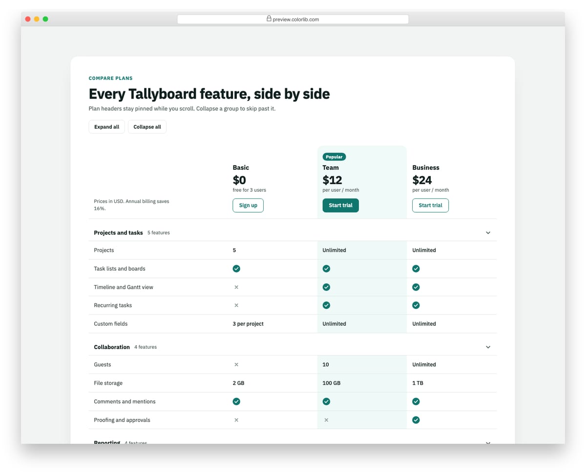 Pricing Table V03: full feature comparison table