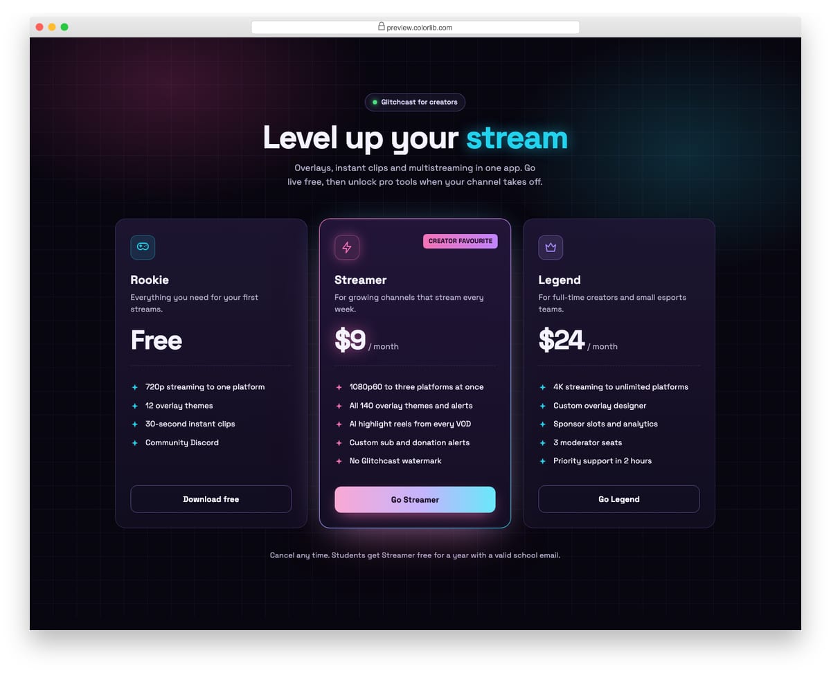 Pricing Table V04: dark neon pricing for a gaming and creator product