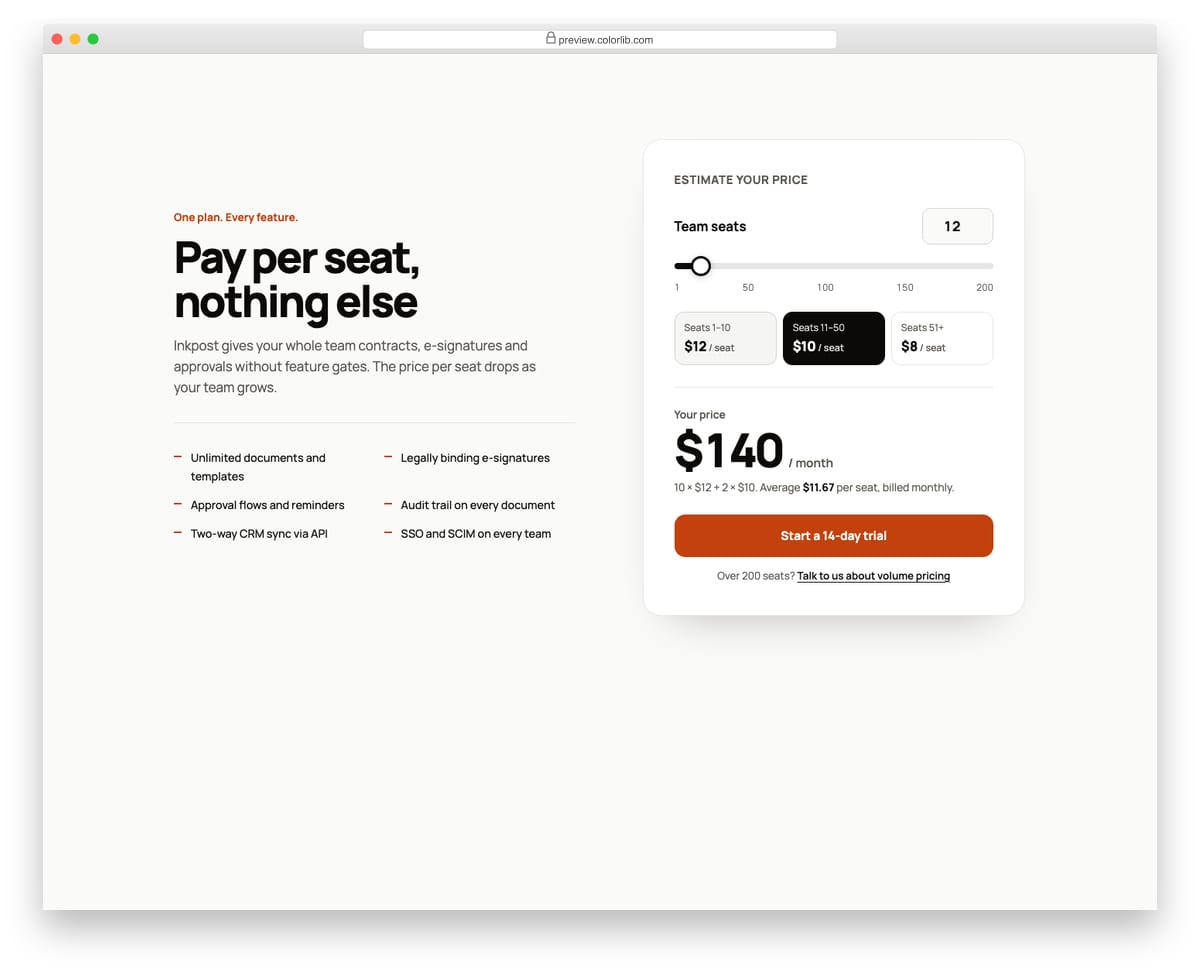 Pricing Table V05: minimal single-plan pricing with a seats slider