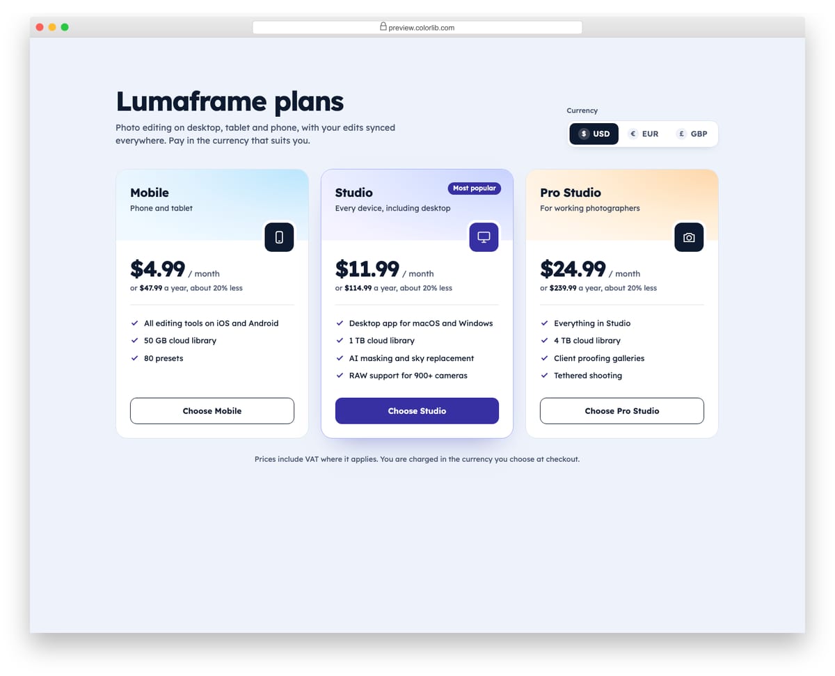 Pricing Table V09: pricing with a usd, eur and gbp currency switcher