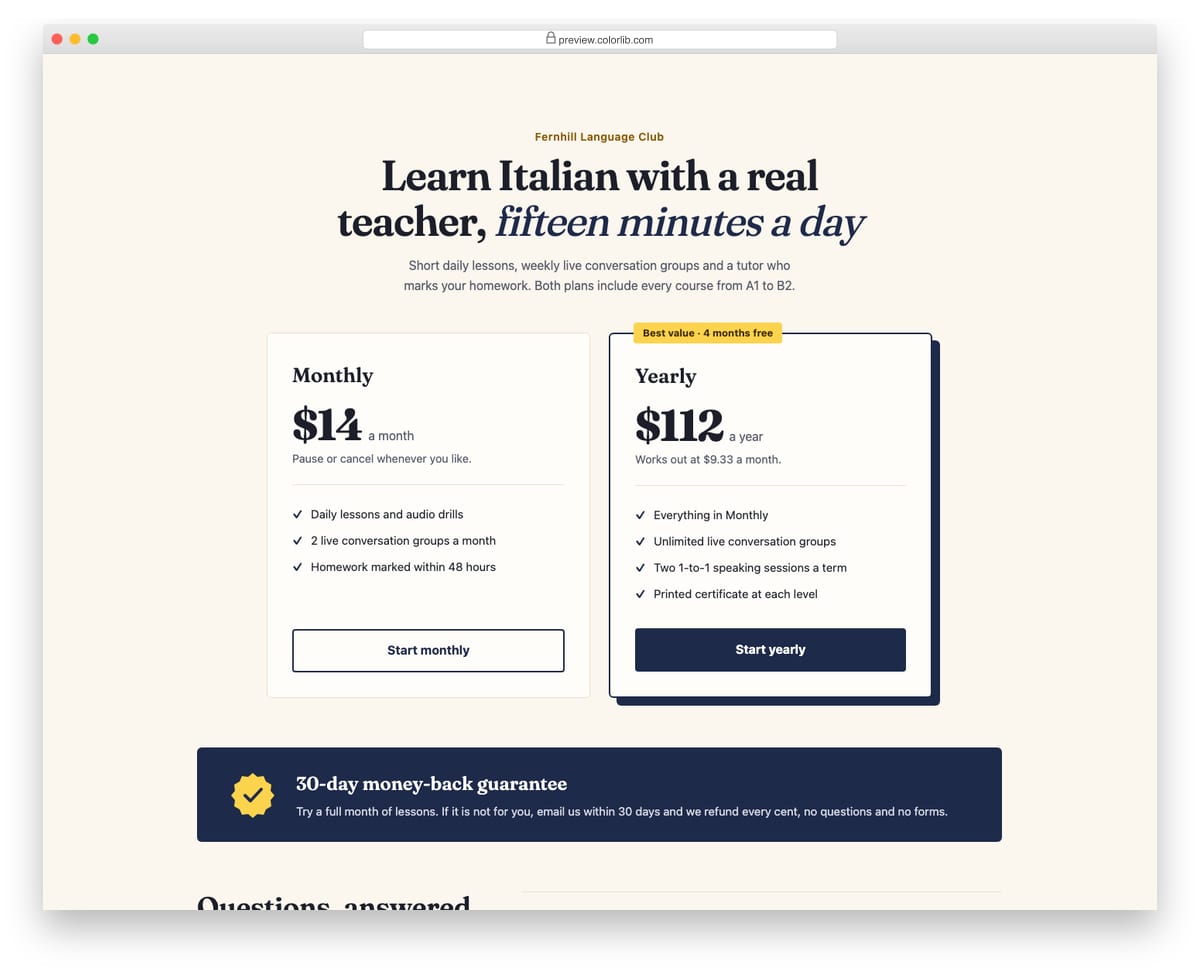 Pricing Table V10: pricing with a money-back guarantee band and faq