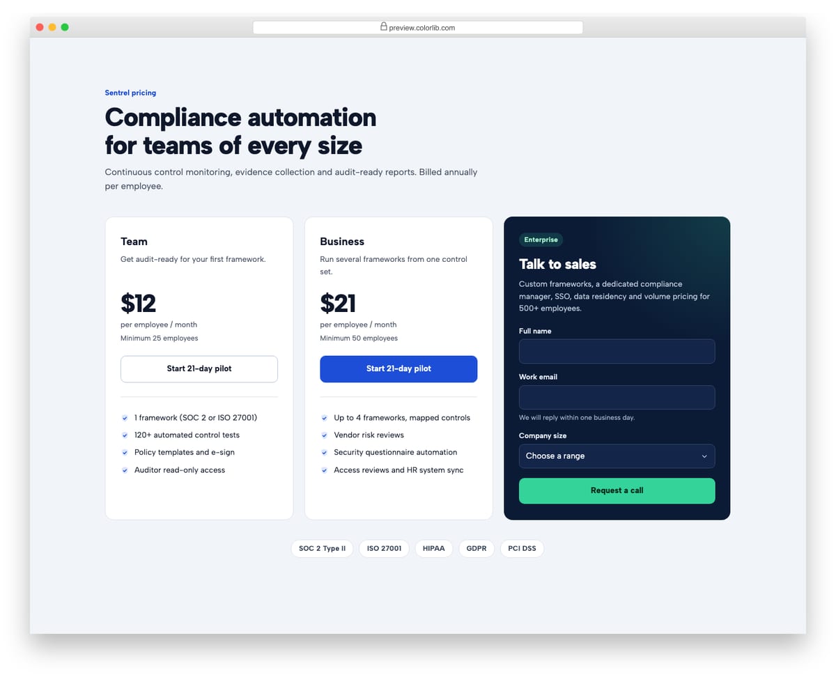Pricing Table V11: enterprise pricing with a contact sales form