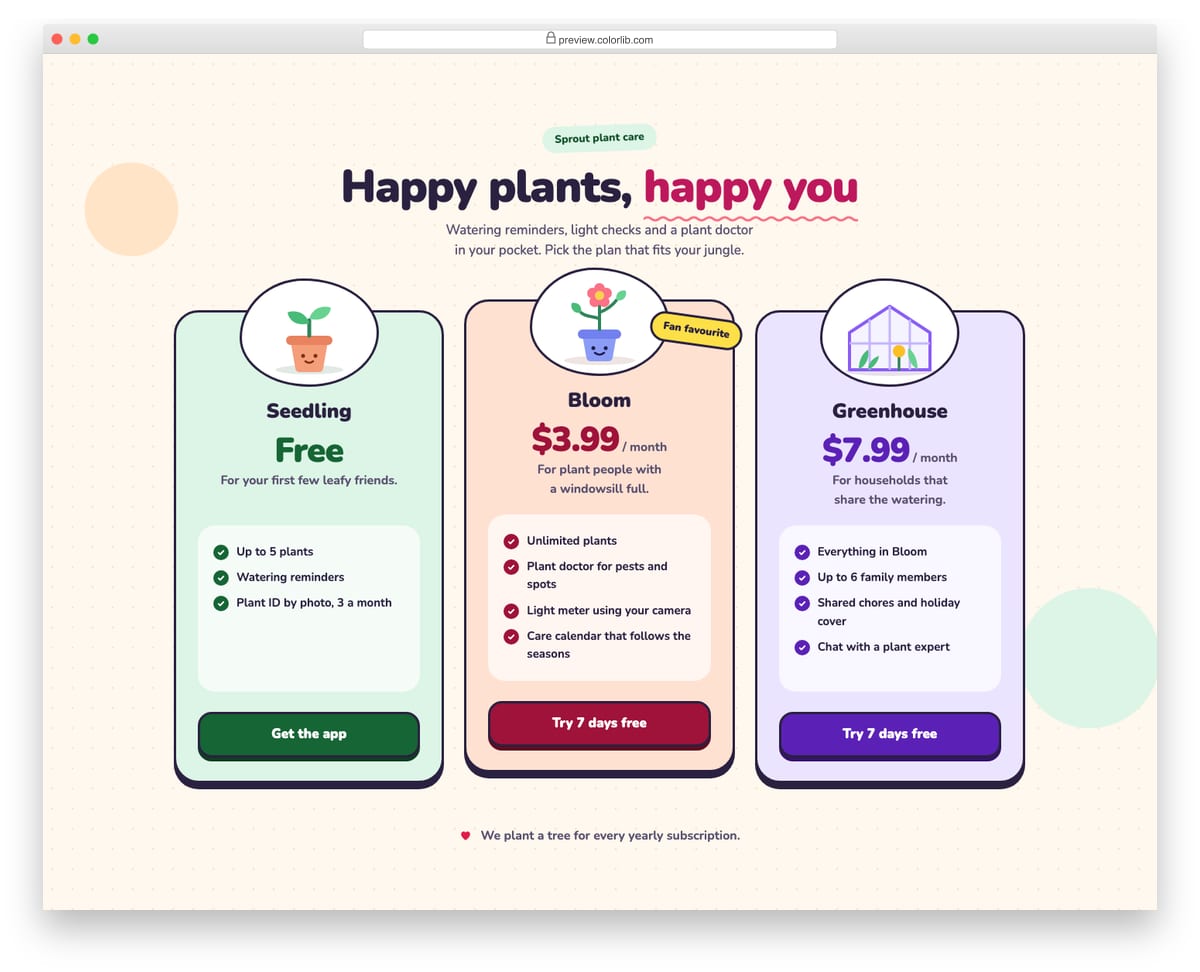 Pricing Table V12: playful illustrated pricing for a consumer app