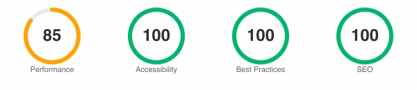 Lighthouse scores for Cruip Open React: Performance 85, Accessibility 100, Best Practices 100, SEO 100