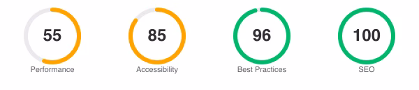 Lighthouse scores for Preline UI: Performance 55, Accessibility 85, Best Practices 96, SEO 100