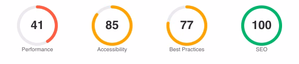 Lighthouse scores for Sailboat UI: Performance 41, Accessibility 85, Best Practices 77, SEO 100