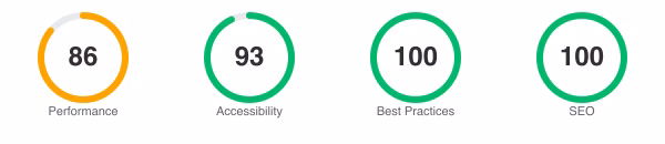 Lighthouse scores for Serenite: Performance 86, Accessibility 93, Best Practices 100, SEO 100