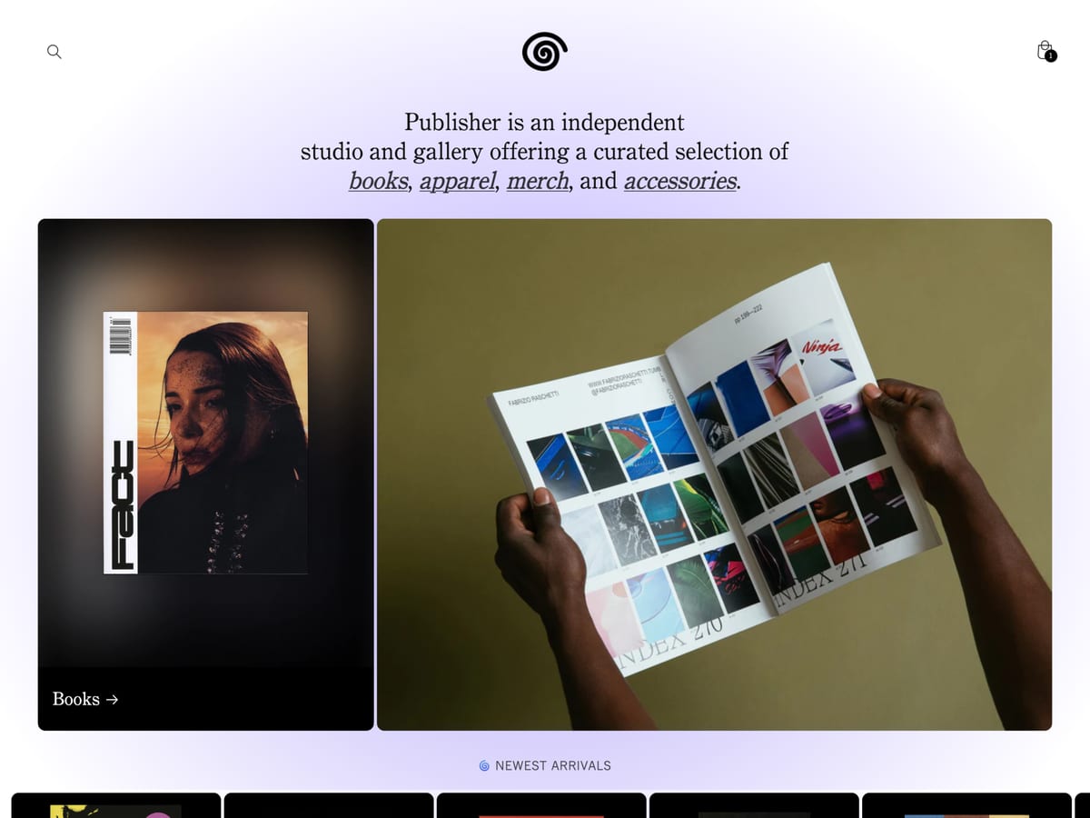 Publisher free Shopify theme homepage for an independent book and magazine studio
