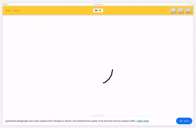 Quick, Draw! game: a doodle of a face being drawn while the AI guesses