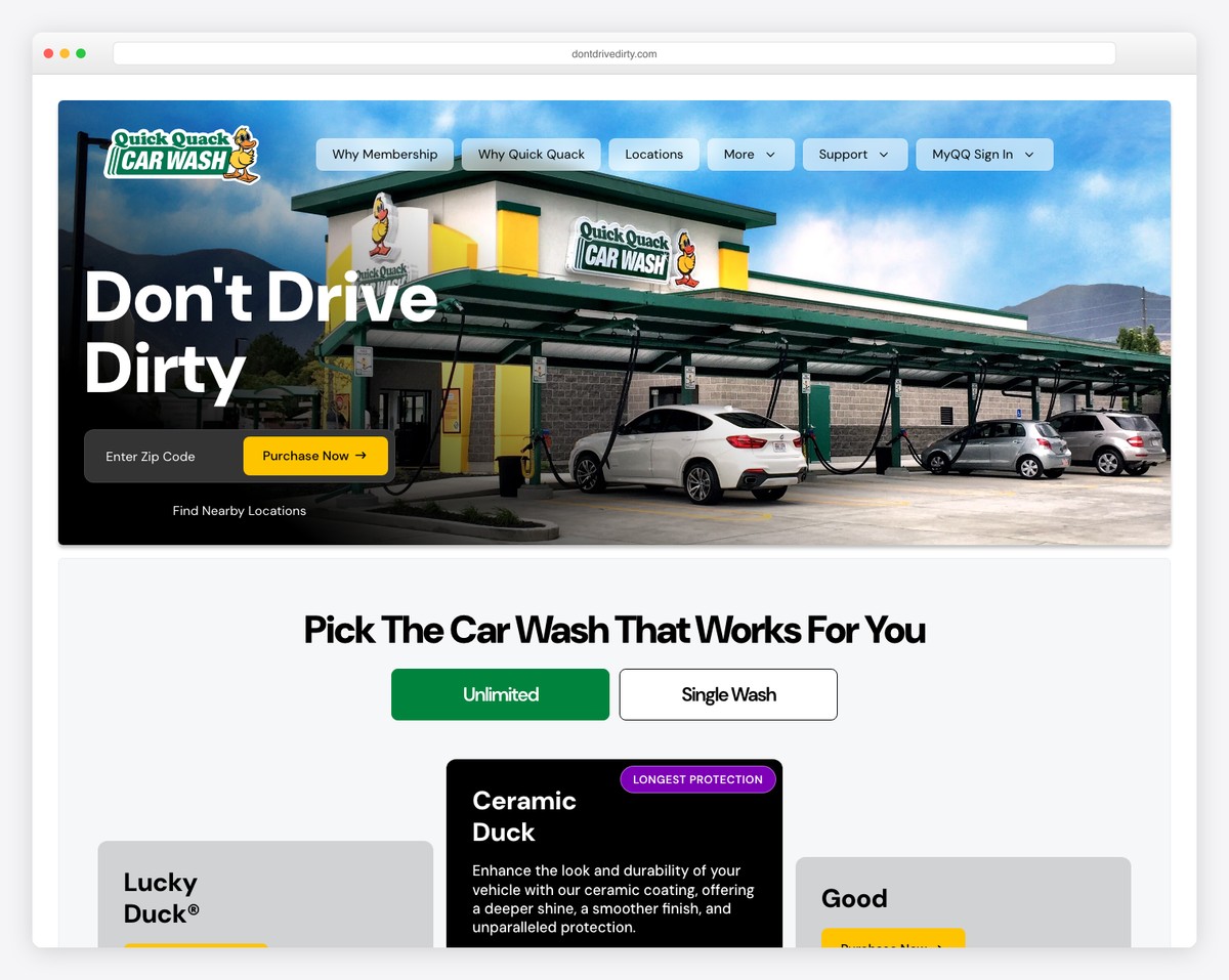 quick quack car wash web design with membership