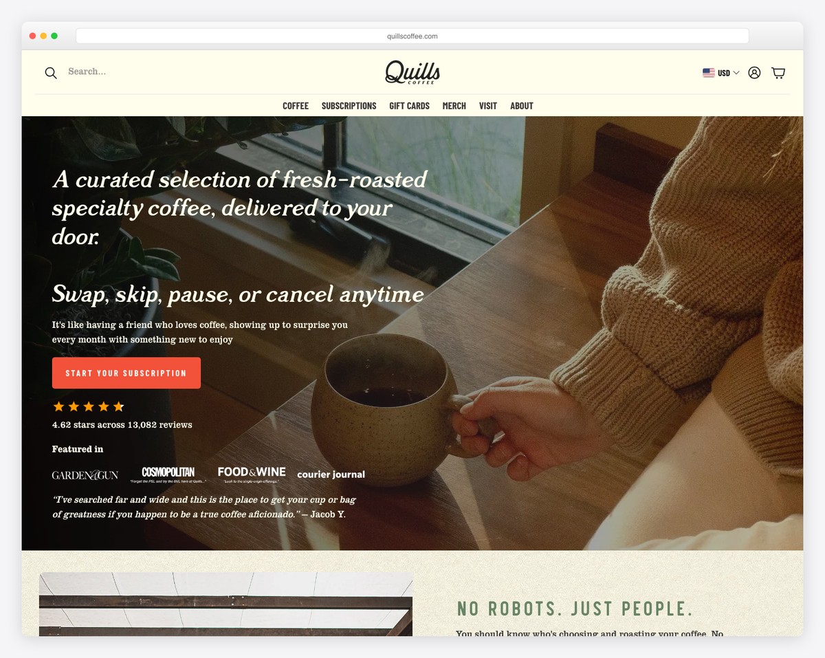 quills coffee website example