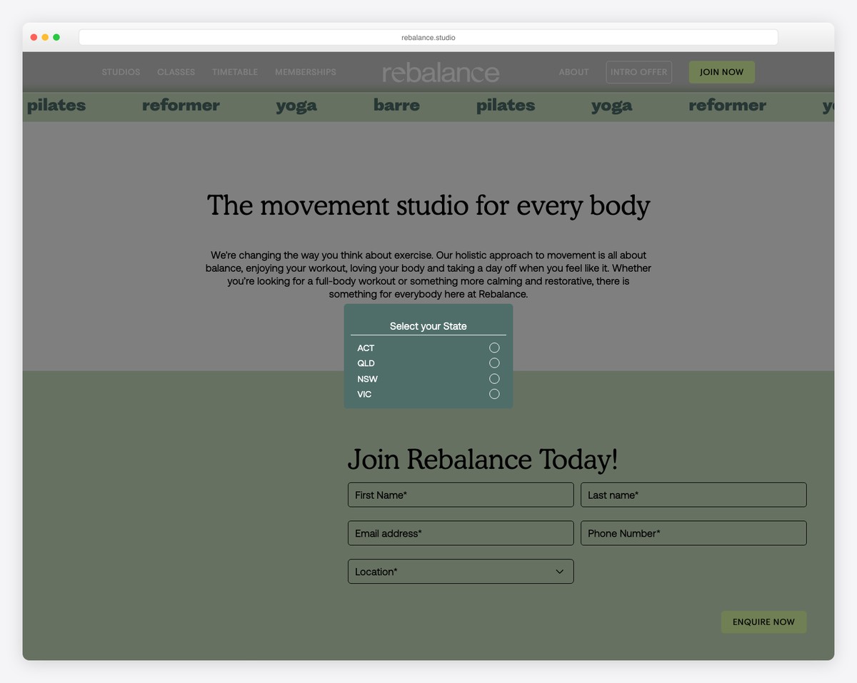 rebalance studio pilates website