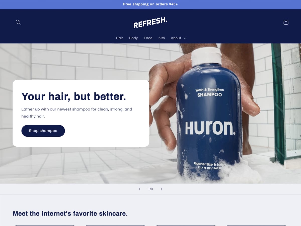 Refresh free Shopify theme homepage for a haircare brand