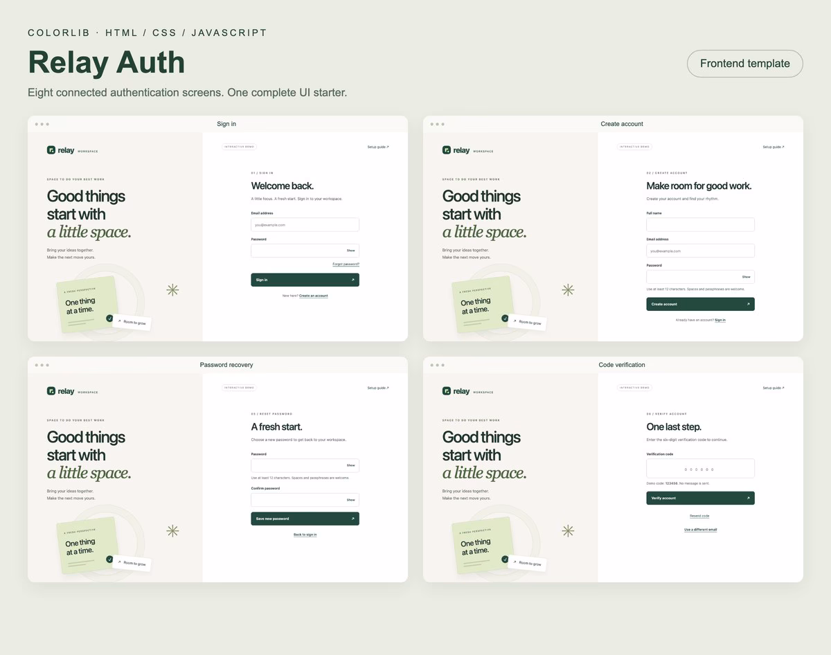 Relay Auth login, registration, password reset and verification template screenshots