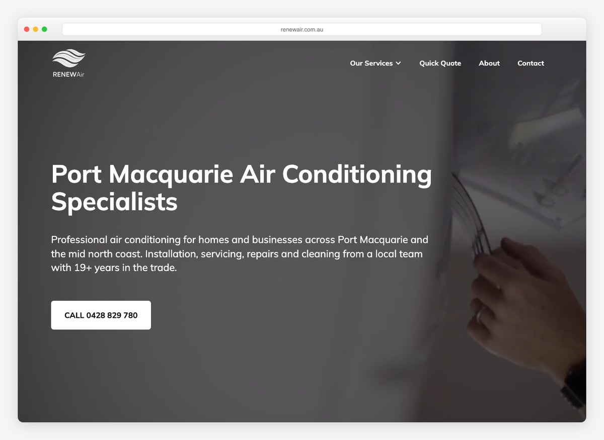 Renew Air HVAC website homepage
