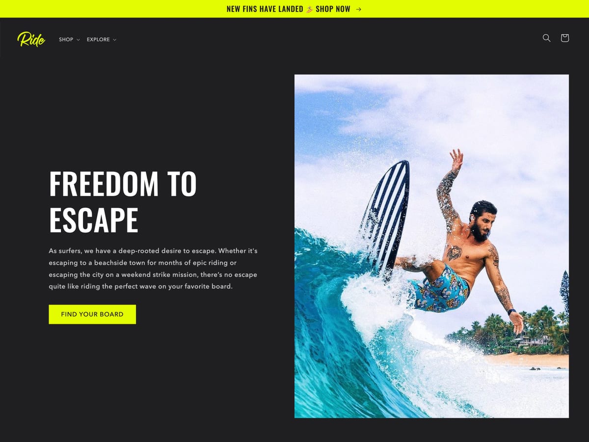 Ride free Shopify theme homepage for a surf and outdoor sports store