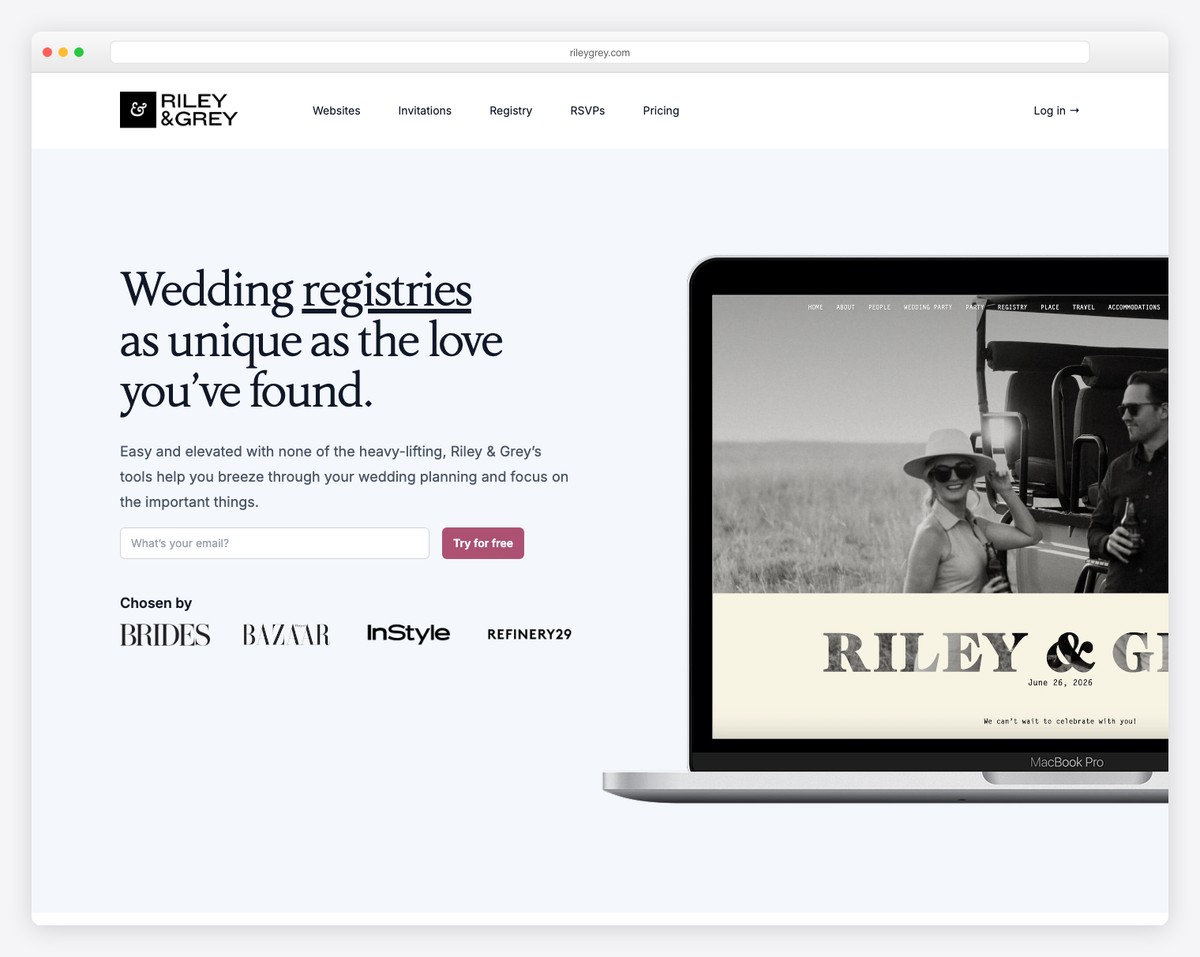 Riley and Grey luxury wedding website with editorial layout featuring elegant typography and full-screen photography