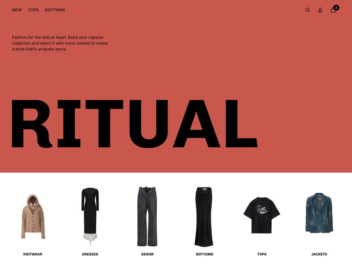 Ritual free Shopify theme homepage with oversized fashion typography