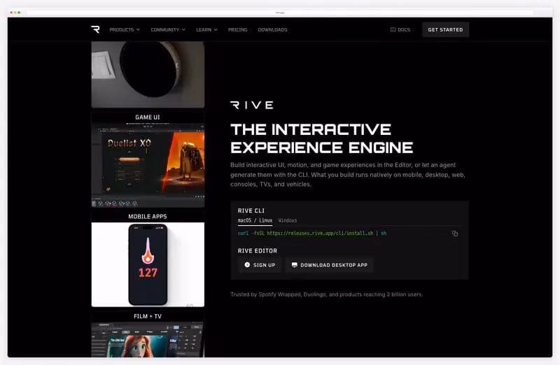 Rive website animation: use-case tiles playing Rive animations in the hero