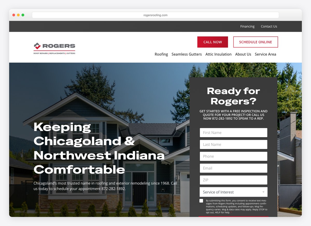 Rogers Roofing roofing company website homepage