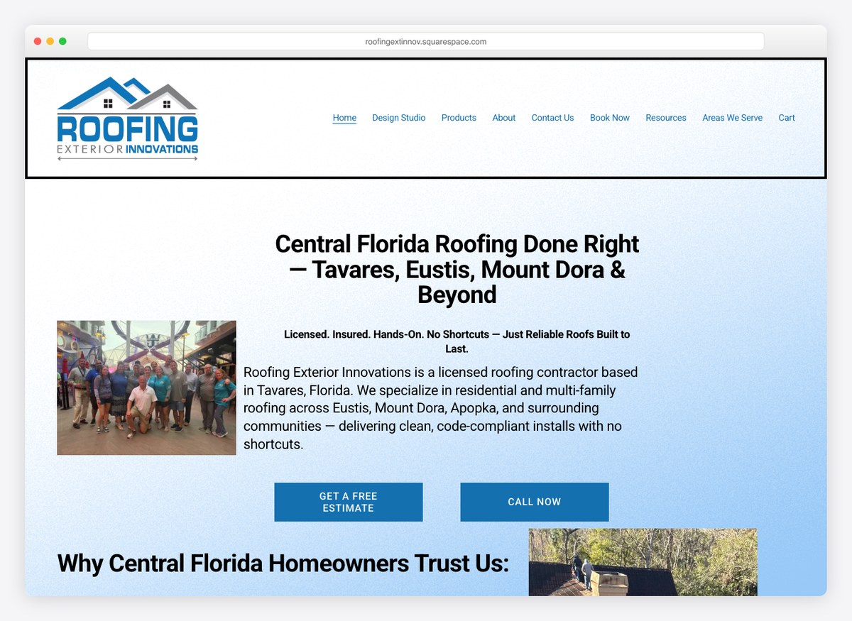 Roofing Exterior Innovations roofing company website homepage