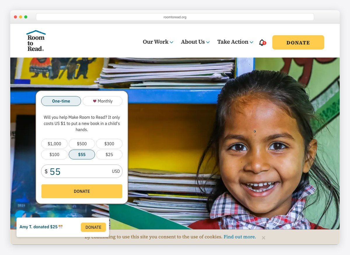 Room to Read charity website homepage