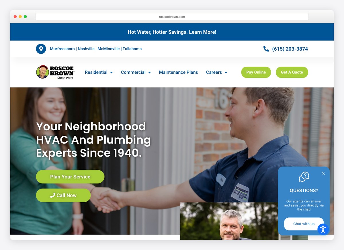 Roscoebrown plumbing website homepage