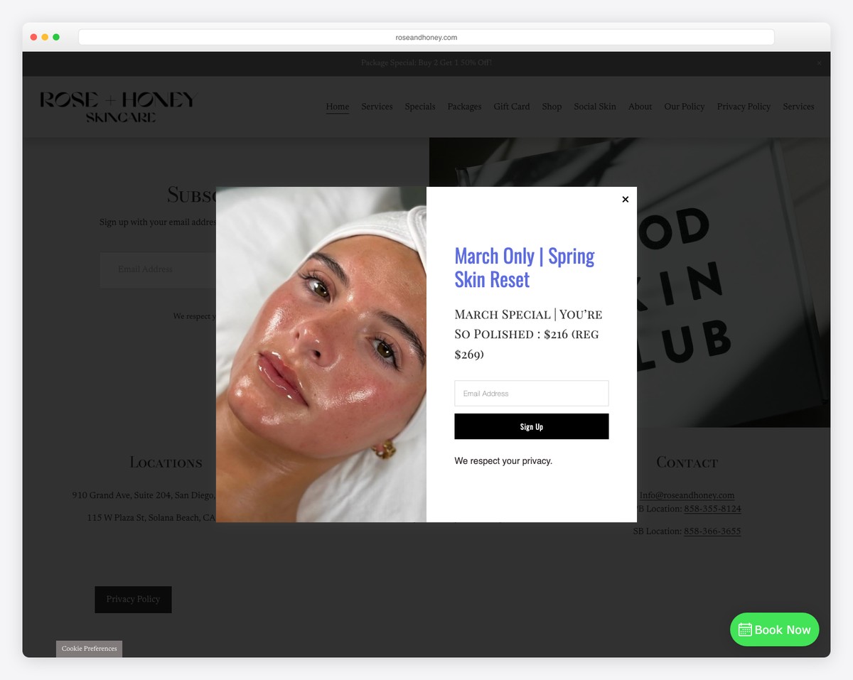 rose + honey skincare website example