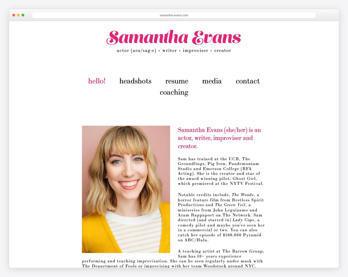 Samantha Evans - mobile first actress website created with a website builder