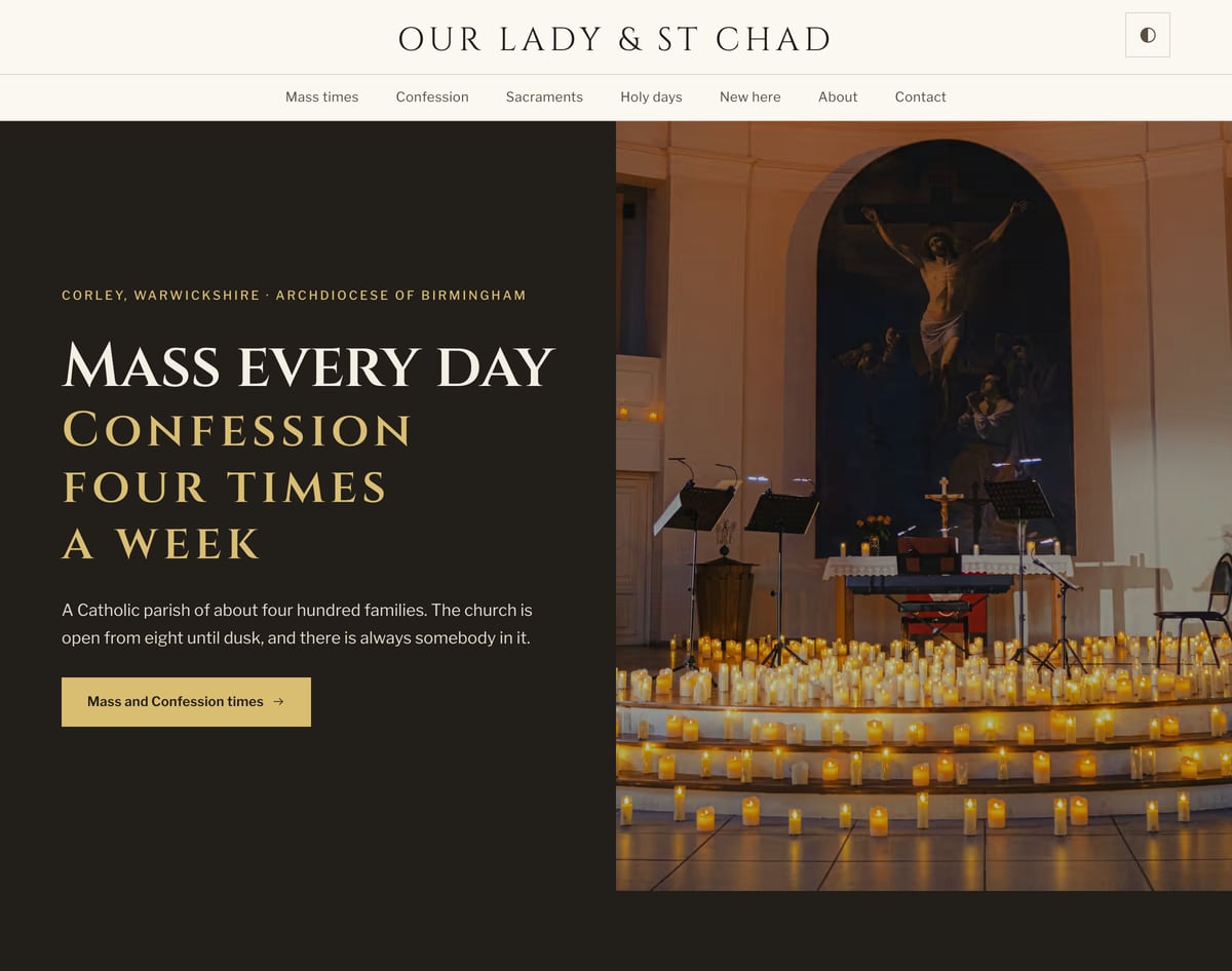 Sanctus free Catholic church website template showing Mass and Confession navigation