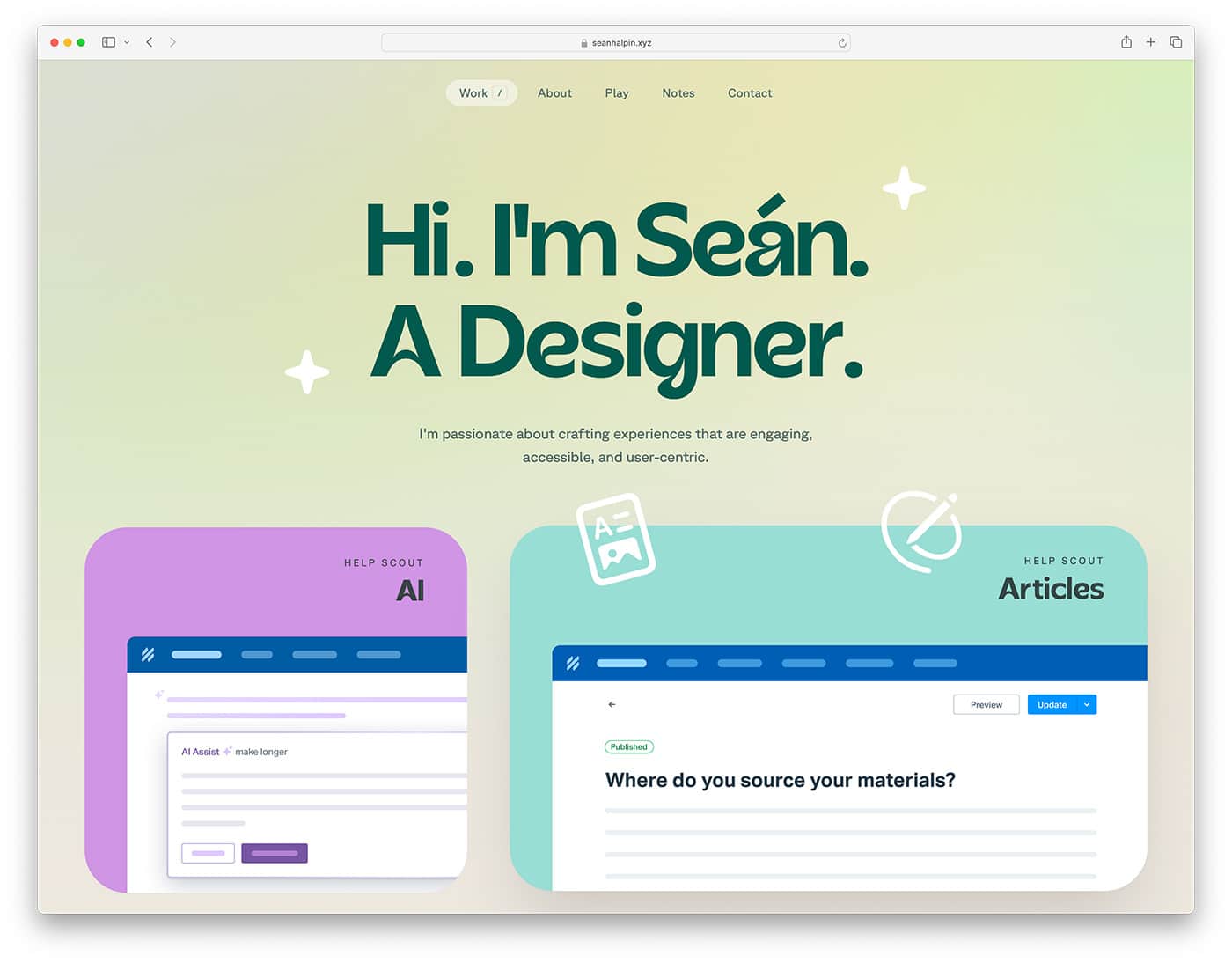 sean halpin - personal portfolio website design for designer