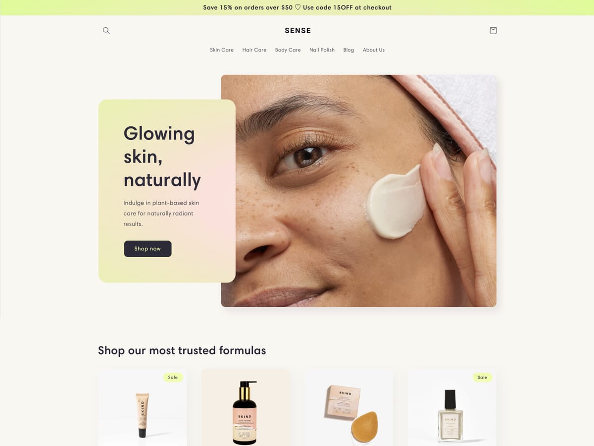 Sense free Shopify theme homepage for a skincare brand