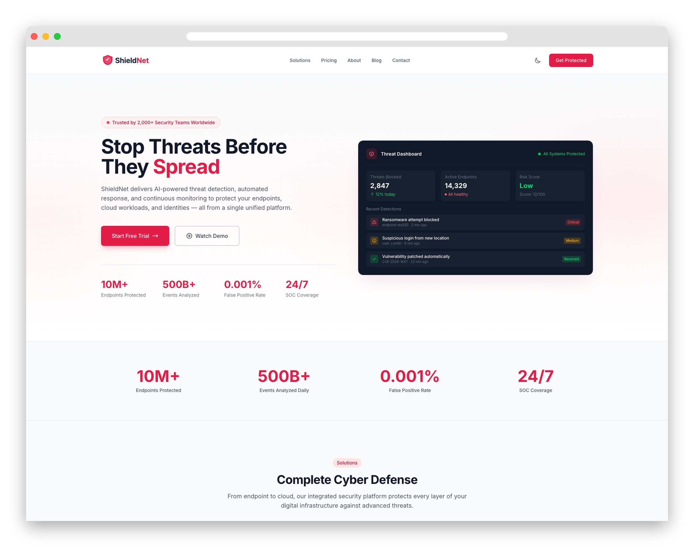ShieldNet - Tailwind CSS Cybersecurity Landing Page Template