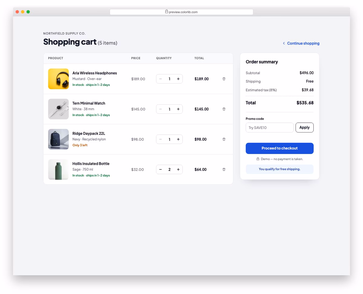Shopping Cart V01: classic cart page with line-item table and order summary sidebar