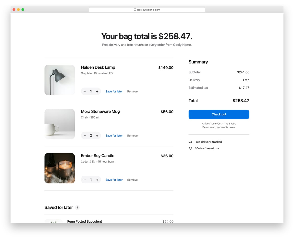Shopping Cart V02: minimal two-column bag with a save for later list